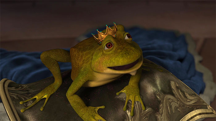 King Harold as a frog wearing a crown, featured in iconic Shrek quotes from the deep swamp collection.