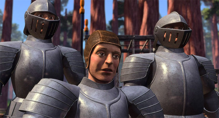 Captain of Guards from Shrek talking in armor with two guards behind him in a deep swamp setting for Shrek quotes.