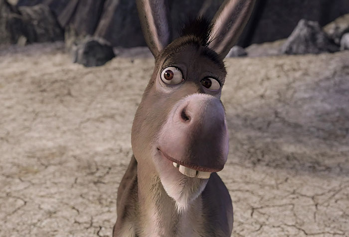 Donkey from Shrek looking puzzled in a swamp setting, representing famous Shrek quotes from the deep swamp.