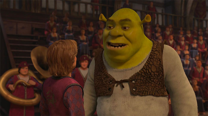 Shrek and the prince engaged in conversation with a crowd watching, depicting a moment from Shrek quotes about the deep swamp.
