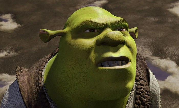 Shrek looking angry and intense in a swamp-like setting, capturing iconic Shrek quotes from the deep swamp.