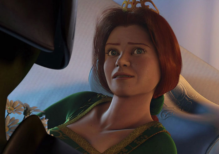 Princess Fiona in a green dress with a crown, featuring a scene inspired by Shrek quotes from the deep swamp.