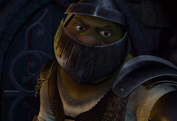 Shrek wearing armor, ready for battle in the deep swamp, representing iconic Shrek quotes and moments.