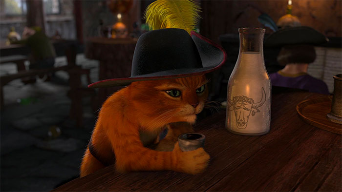 Puss in Boots drinking milk at a rustic tavern, featured in popular Shrek quotes from the deep swamp.