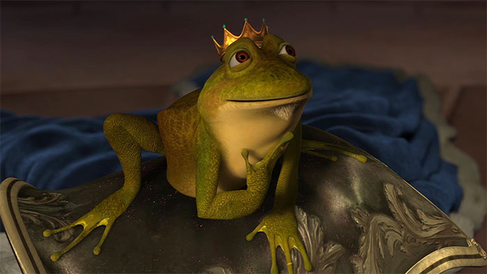 King Harold as a frog sitting thoughtfully, illustrating characters from the deep swamp in Shrek quotes collection.