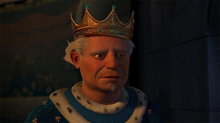 King Harold wearing a golden crown and royal attire, a key character from Shrek quotes about the deep swamp.
