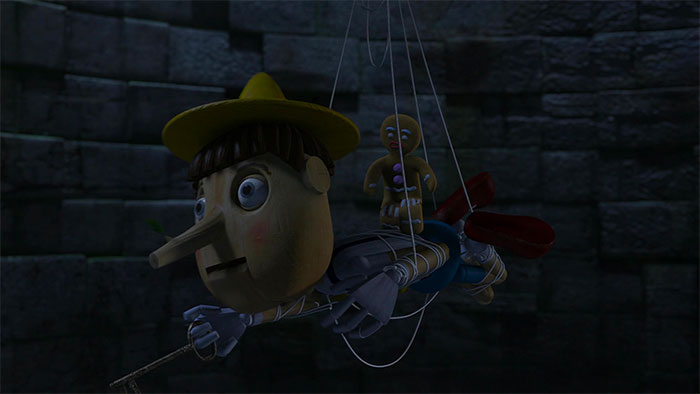 Pinocchio puppet and gingerbread man puppet talking in a dark setting inspired by Shrek quotes from the deep swamp.