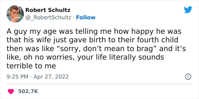 Tweet from Men's Humor meme page about a dad bragging about his fourth child, with a humorous reaction.