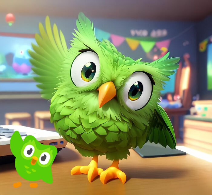 Duolingo owl character reimagined in Pixar style, standing on a desk with vibrant colors in a classroom setting.
