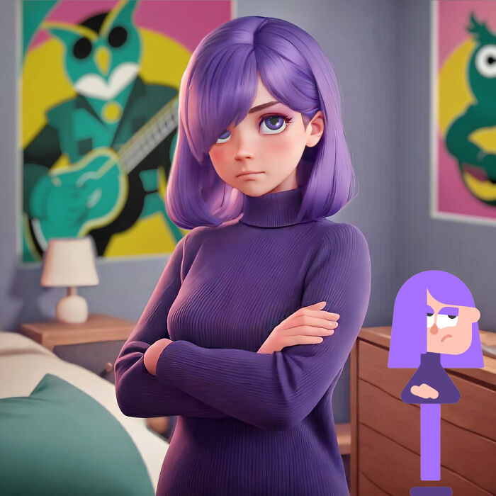 Pixar-style character with purple hair, inspired by a language learning app, in a room with colorful posters.