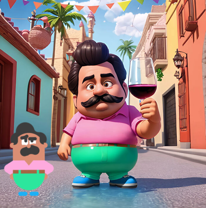 Pixar-style character inspired by Duolingo app, holding a wine glass in a colorful street setting.
