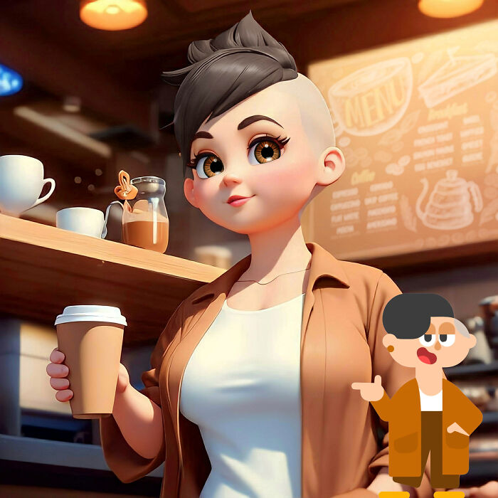 Pixar-style character with short hair holding coffee in a cafe, inspired by Duolingo language learning app.