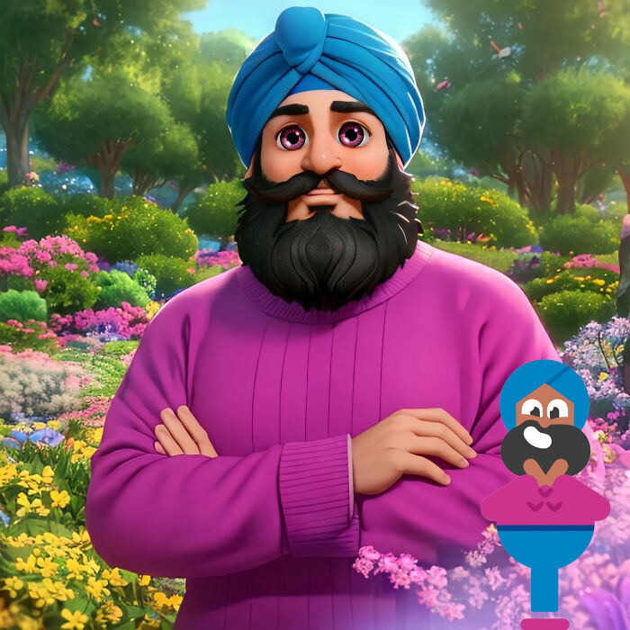 Character from language learning app reimagined in Pixar style, wearing a blue turban and purple sweater in a colorful garden.