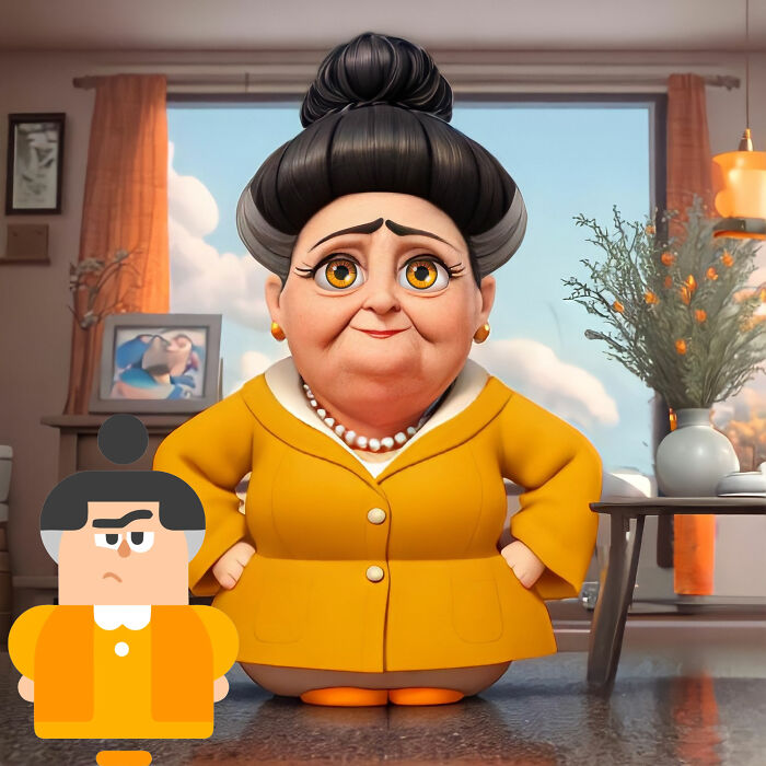 Pixar-style character reimagined from a language learning app, in a cozy room with warm lighting and decor.