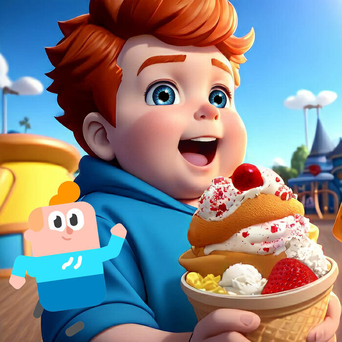 Pixar-inspired character enjoys ice cream, resembling a language learning app design with vibrant colors and cheerful expression.
