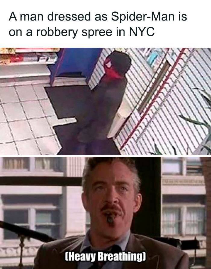 Man in Spider-Man costume on security camera; second image shows a man with a cigar looking amused.