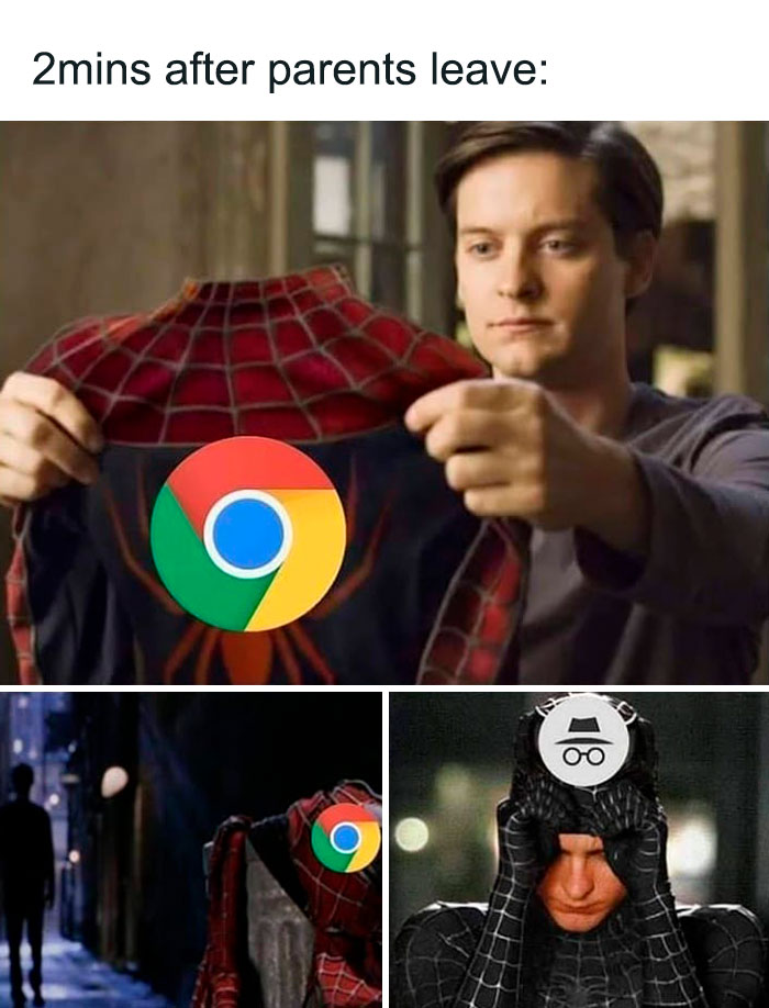 Spiderman meme showing different scenes with a Google Chrome logo on a costume, humorously referencing internet browsing.