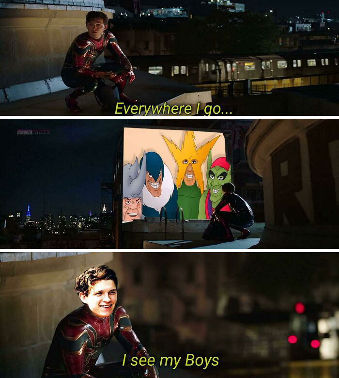 Spiderman meme with a character looking at villains' projection, humorous text overlay present.