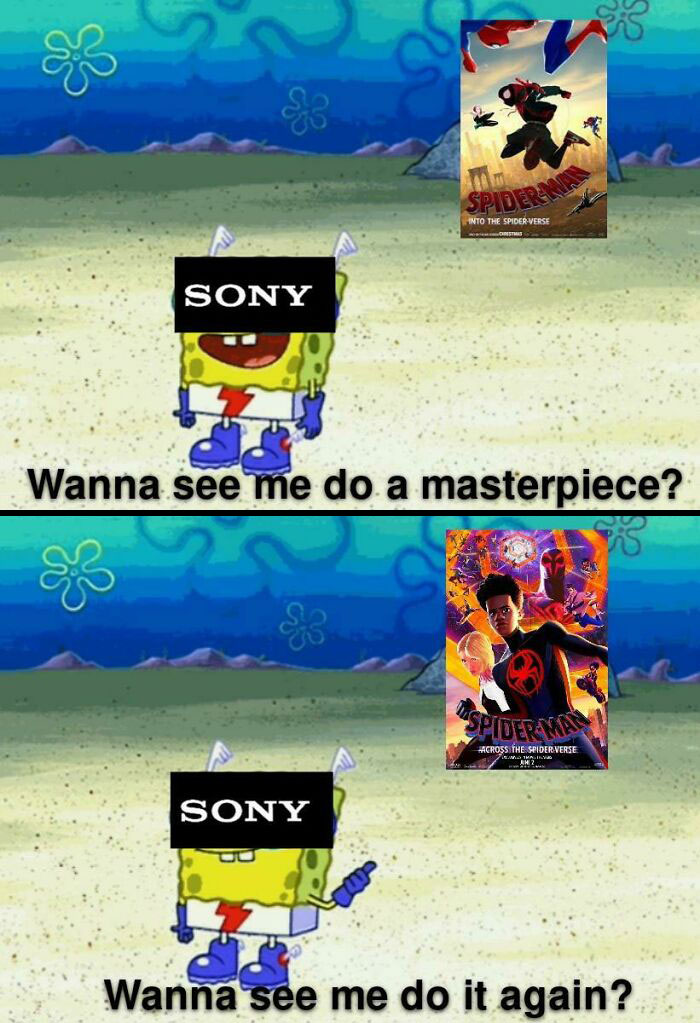 SpongeBob meme featuring Sony and Spiderman movie posters, illustrating the creation of masterpieces.