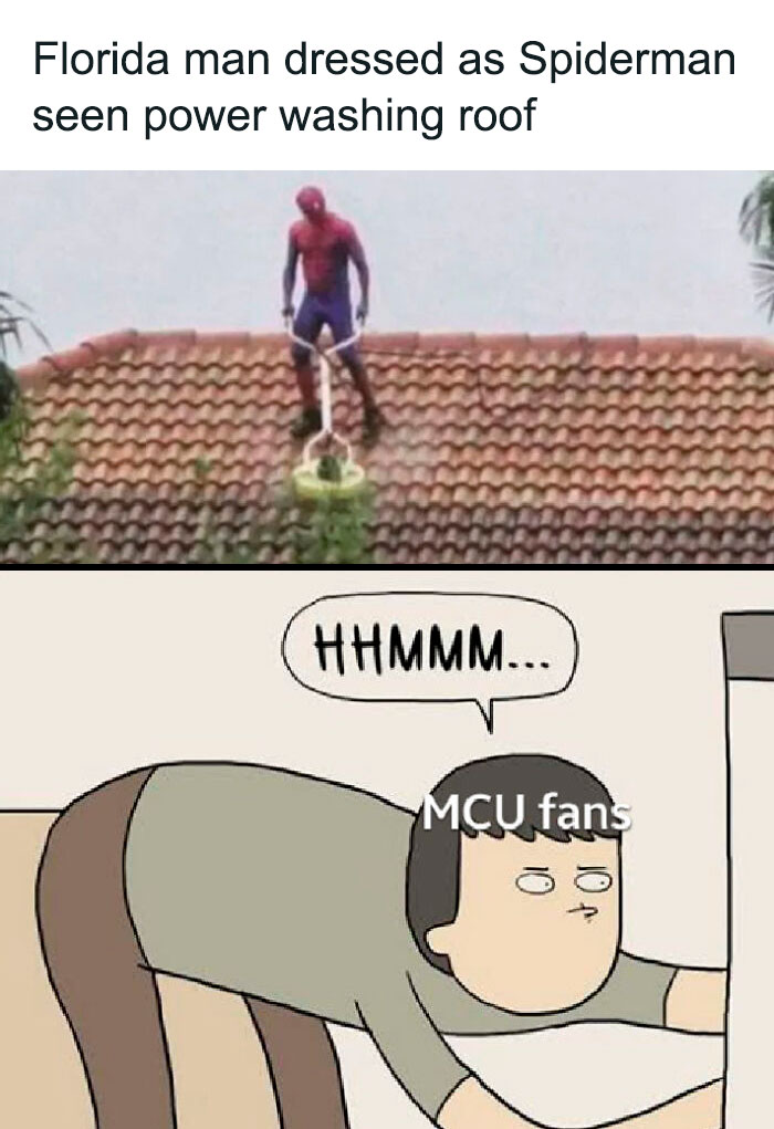 Man in Spiderman costume power washing a roof, with a cartoon MCU fan observing.