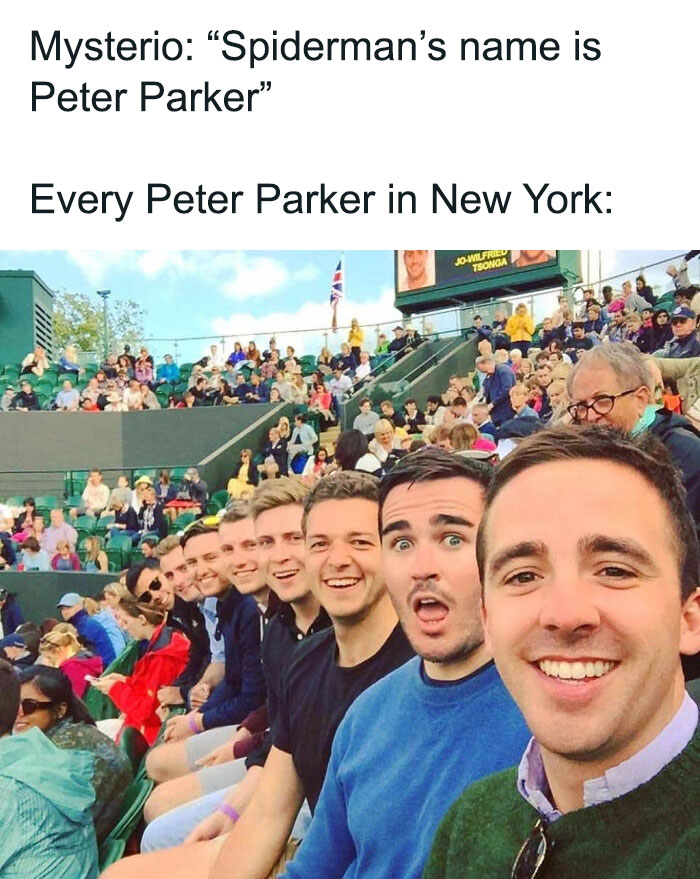 Crowd at a sports event with text humorously referencing "Spiderman's name is Peter Parker" meme.