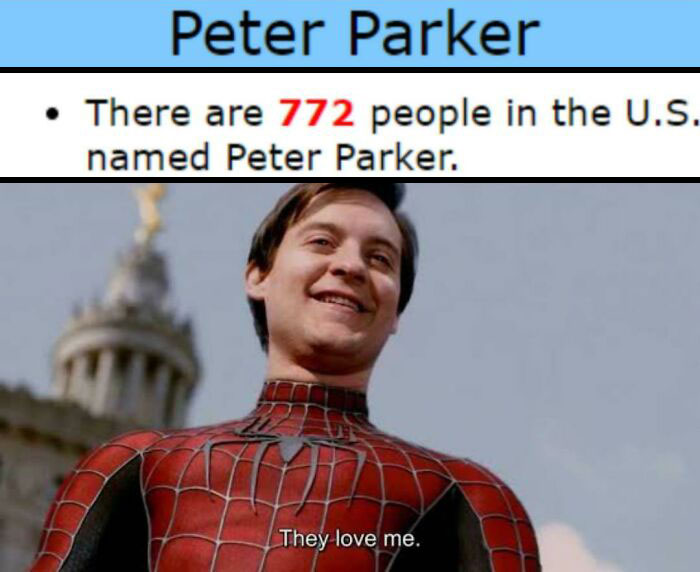 Spiderman meme with text about 772 people named Peter Parker in the U.S.; features Spiderman smiling.