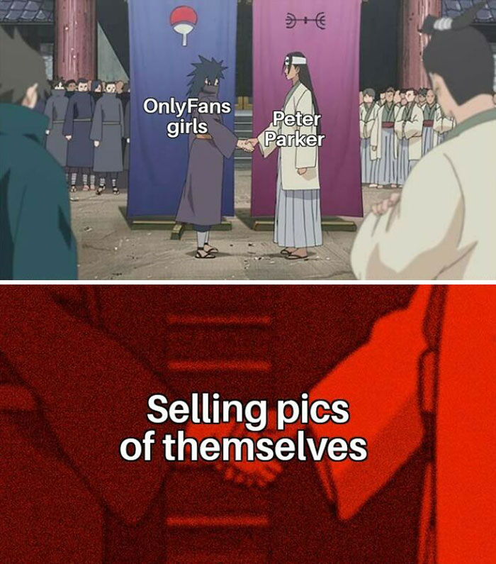 Two characters labeled "OnlyFans girls" and "Peter Parker" shaking hands, with text "Selling pics of themselves."