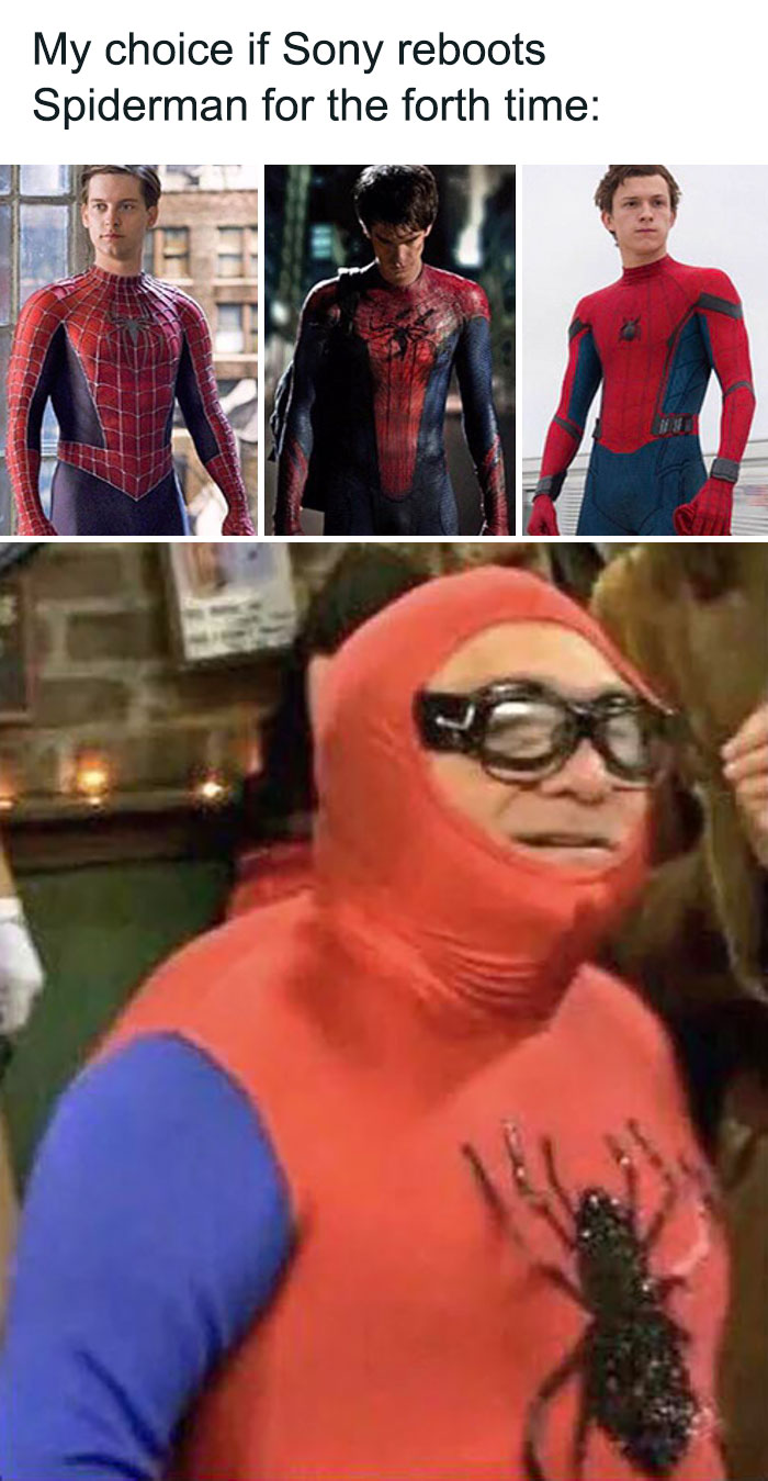 Funny Spiderman meme with four versions, including a humorous cosplay, referencing a potential reboot choice.