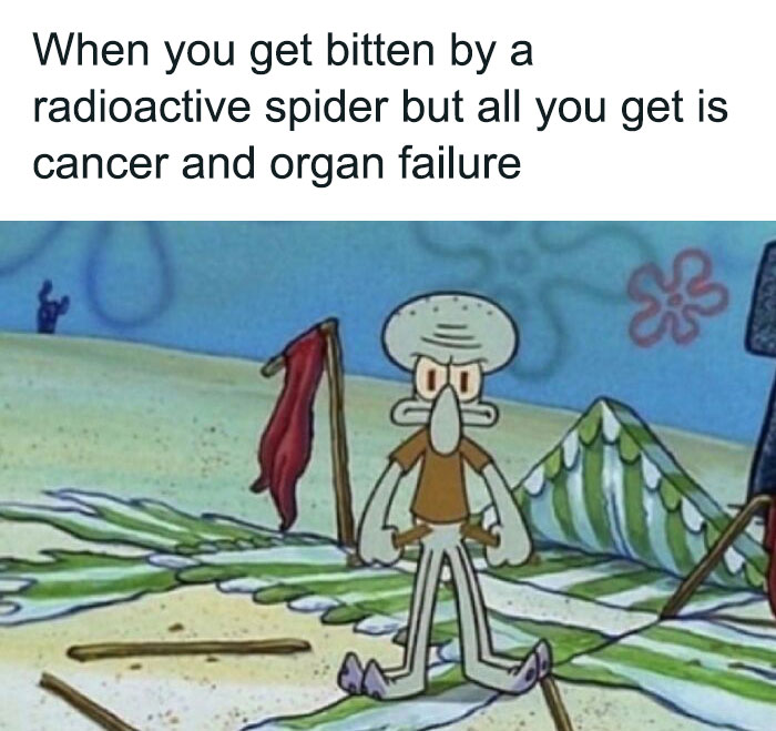 Squidward looking disappointed on a beach with text about spider bites, referencing Spiderman memes.