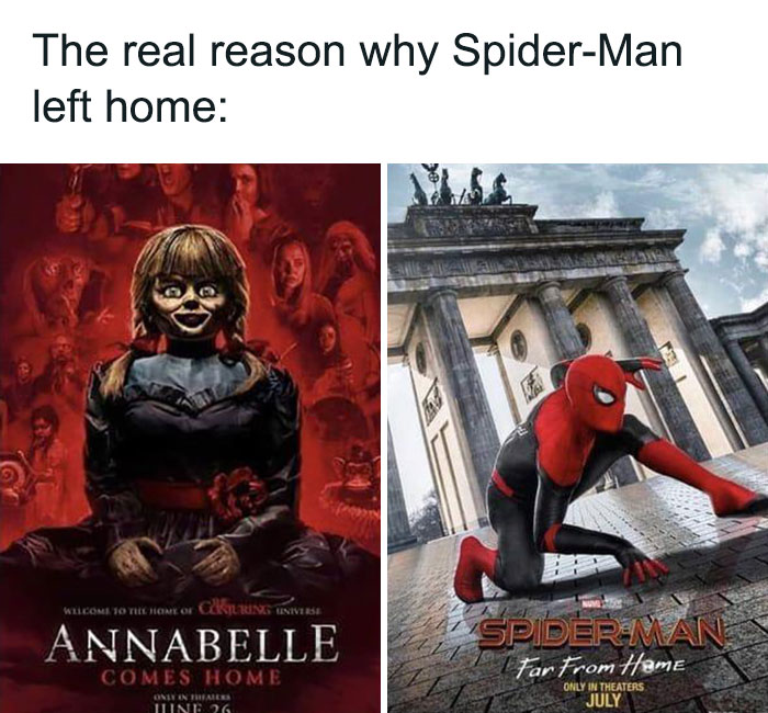 Split image with Spiderman meme featuring Annabelle poster and Spider-Man Far From Home poster.