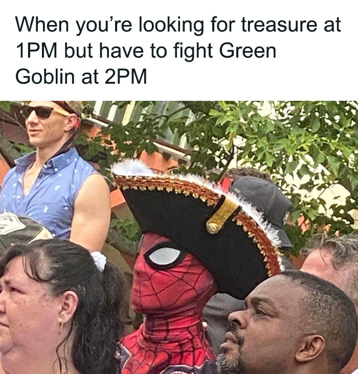 Spiderman in a pirate hat among people, showcasing humorous meme about multitasking.