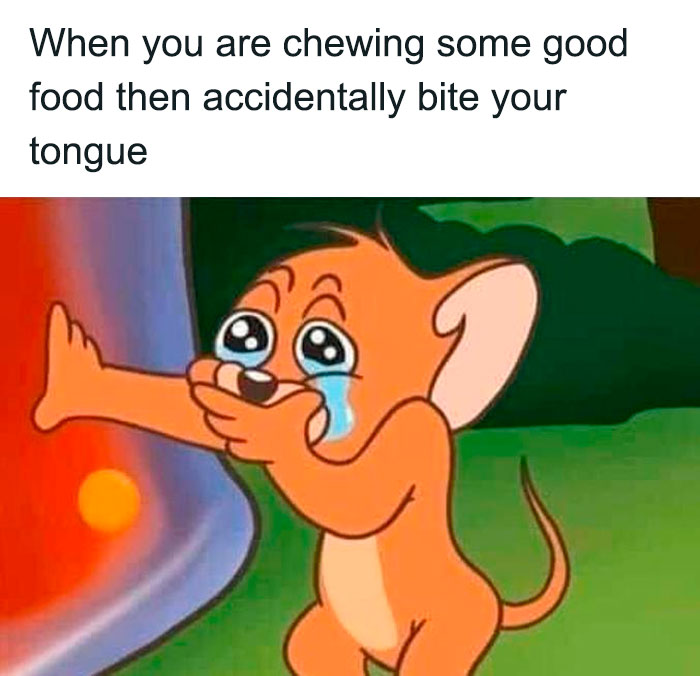 Jerry biting tongue meme showing relatable moment in Tom & Jerry style.
