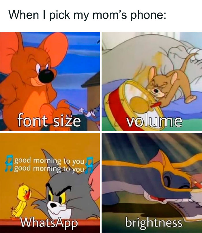 Tom and Jerry meme showing exaggerated phone settings like font size, volume, WhatsApp, and brightness.