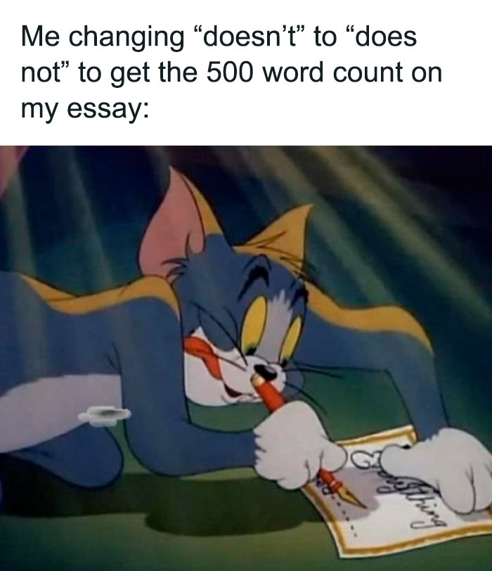 Tom writing intensely in a meme about boosting essay word count, highlighting a relatable moment from Tom & Jerry.