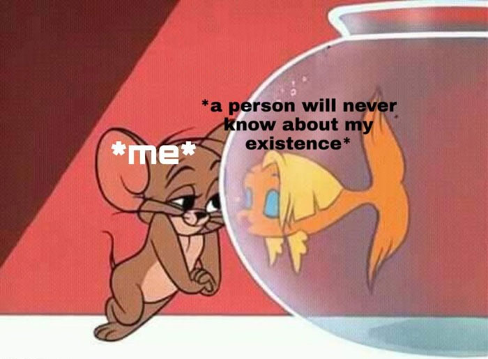 Jerry looking at fishbowl with text overlay about someone being unaware, a relatable Tom & Jerry meme.