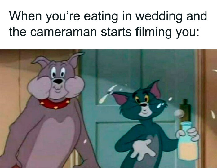 Tom and Jerry meme showing Tom startled during a wedding with a cameraman filming.