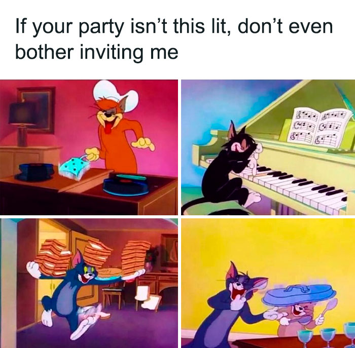 Tom and Jerry memes showing party scenarios with music, pizza, and humor.