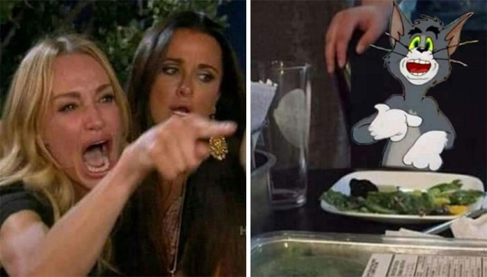 Woman yelling with Tom from Tom & Jerry pointing at a salad, creating a relatable meme moment.