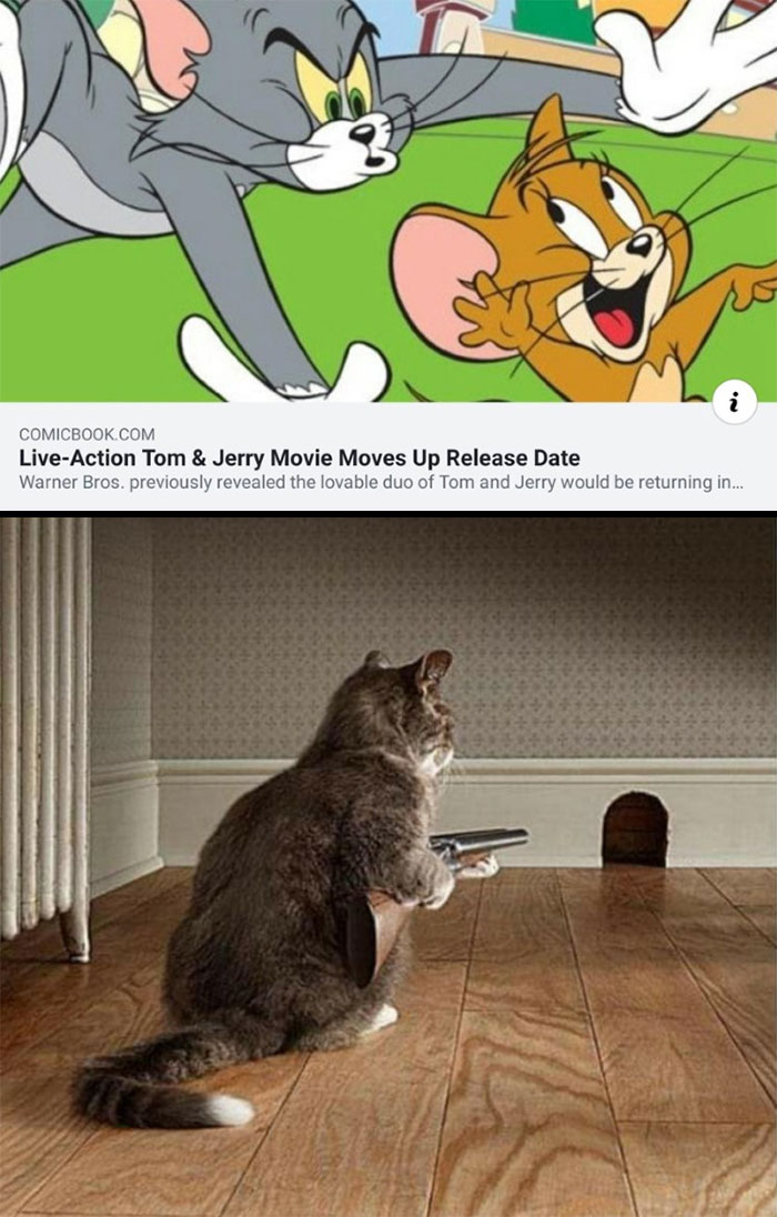 Tom and Jerry memes with a cat holding a gun, facing a mouse hole, inspired by classic cartoon antics.