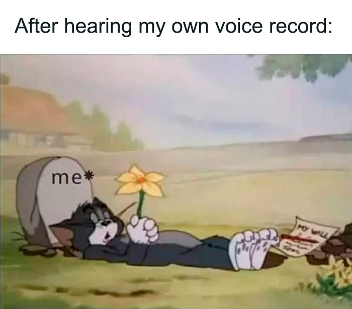 Tom holding a flower with text "After hearing my own voice record," depicting relatable Tom & Jerry meme humor.