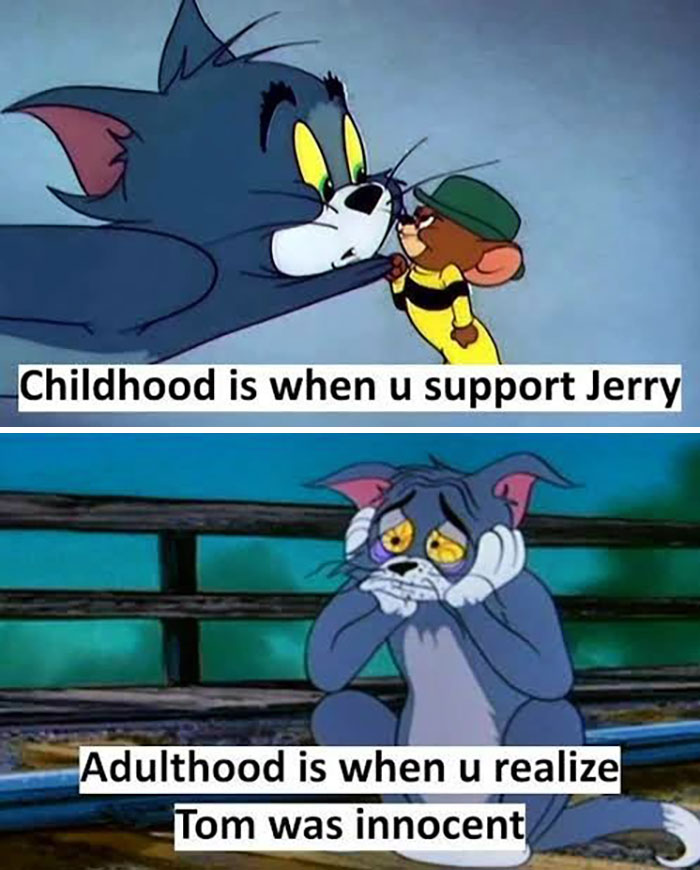 Tom and Jerry meme showing childhood loyalty to Jerry and adult realization of Tom's innocence.