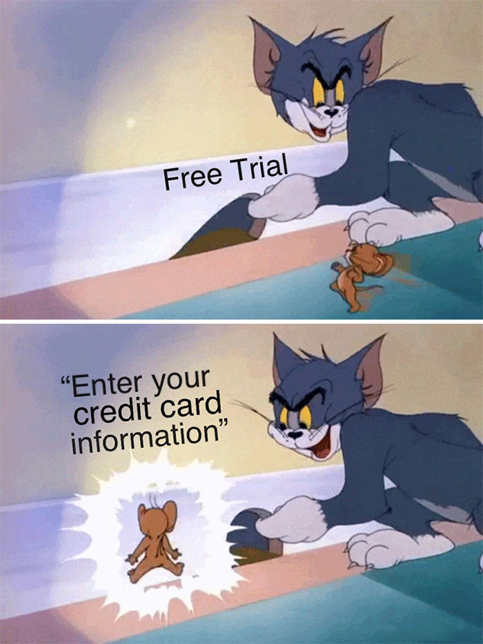 Tom chasing Jerry in a meme about free trial and credit card information.
