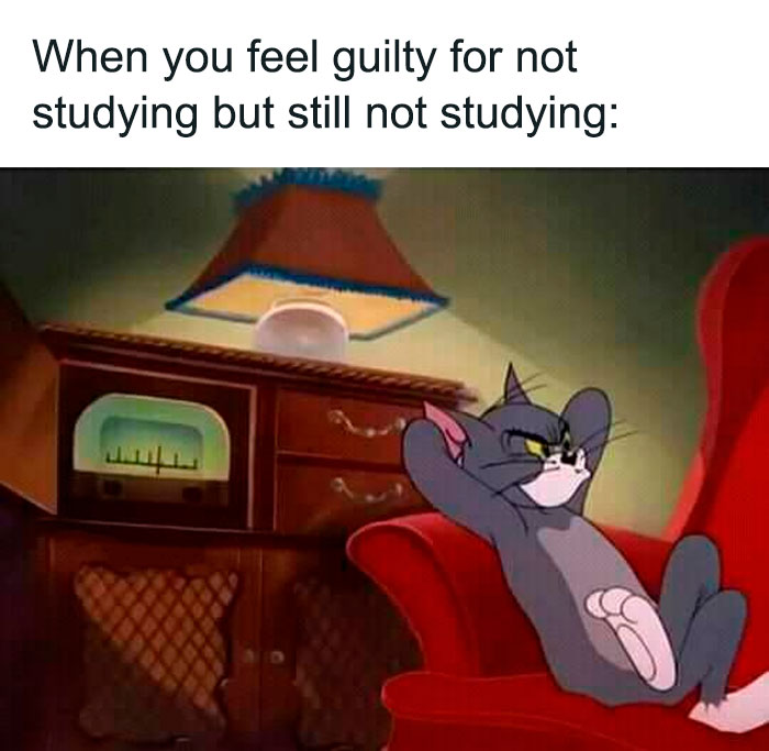 Tom relaxing in a chair feeling guilty for not studying in a relatable meme.