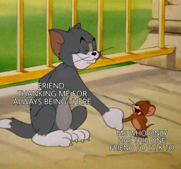 Tom and Jerry meme with Tom smiling at Jerry, depicting friendship appreciation.