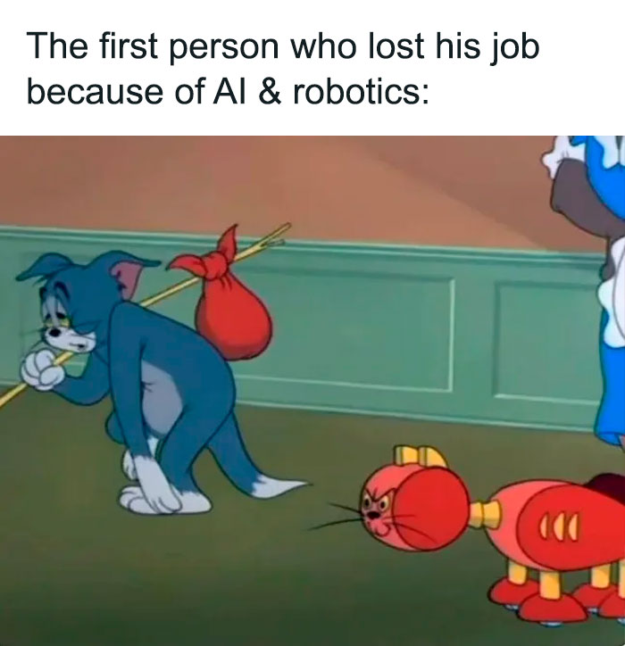 Tom looking sad with a bindle, followed by a red robot cat, illustrating a humorous take on job loss to AI.