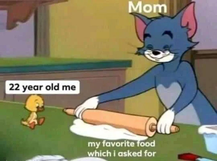 Tom making favorite food for little bird, with labels "Mom" and "22 year old me," in a relatable meme scenario.