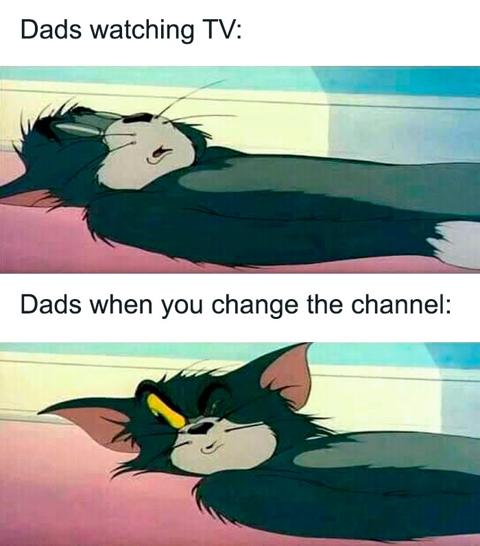 Tom from Tom & Jerry looking relaxed, then surprised, illustrating dads watching TV versus reacting to channel change.