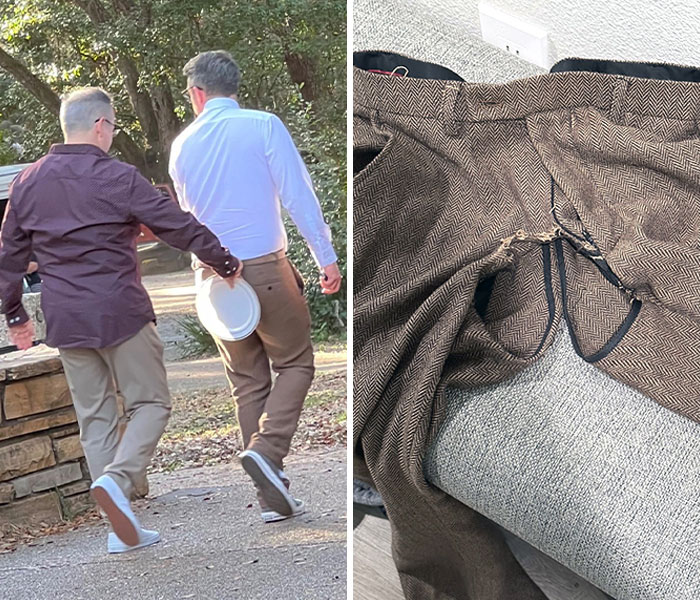 Escortándome a mi coche después de que se me rajaran los pantalones en una boda. No llevaba nada debajo