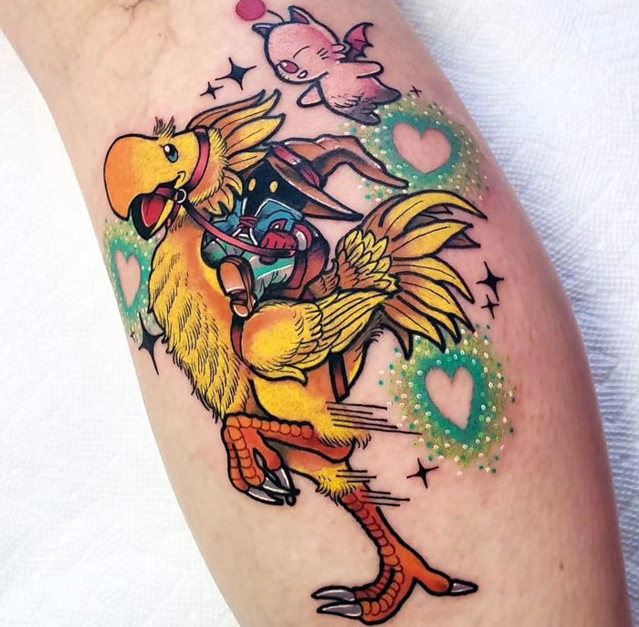Colorful Final Fantasy video game tattoo featuring a Chocobo and Moogle, perfect for hardcore gamers, with vibrant hearts and sparkles.