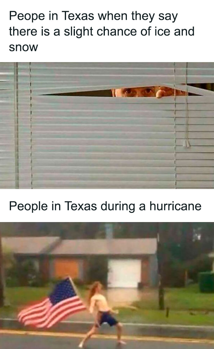 Texas weather meme comparing reactions to ice versus hurricanes.